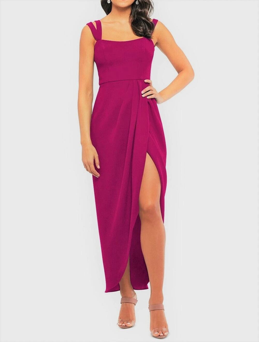 Xscape Side Ruched Double Strap Crepe Gown in Magenta - 6